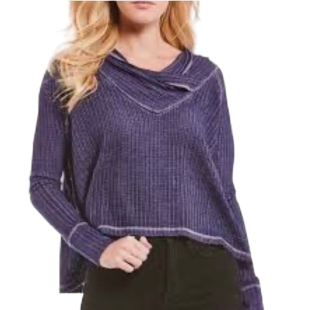 Free People We the Free Blue WildCat Cowl Neck Thermal Waffle Knit Pullover